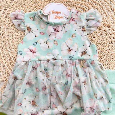 Conj. Body Floral  e Short em Linho - Verde